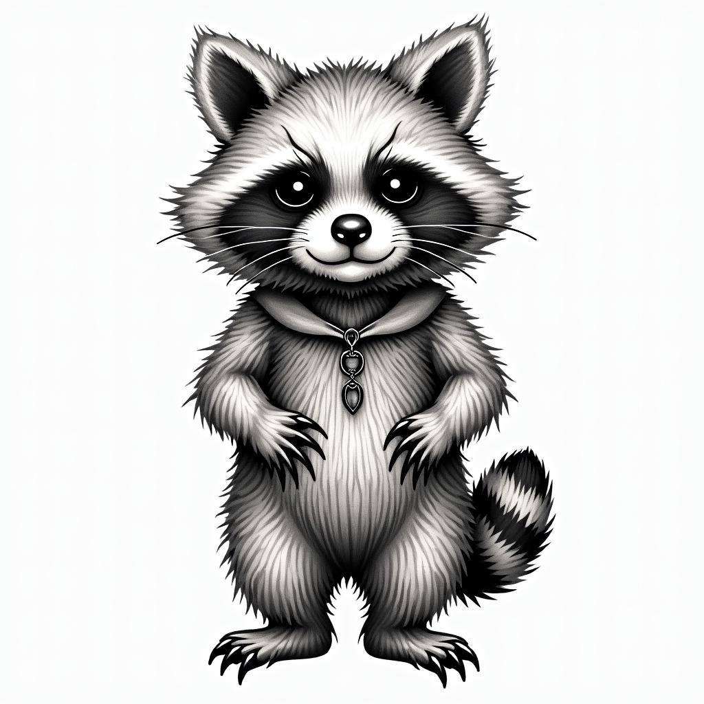 Kewpie dressed as a raccoonin authentic tattoo style, incorporating traditional modifications, bold black outlines, solid color fills, featuring classic authentic elements - Variation 2