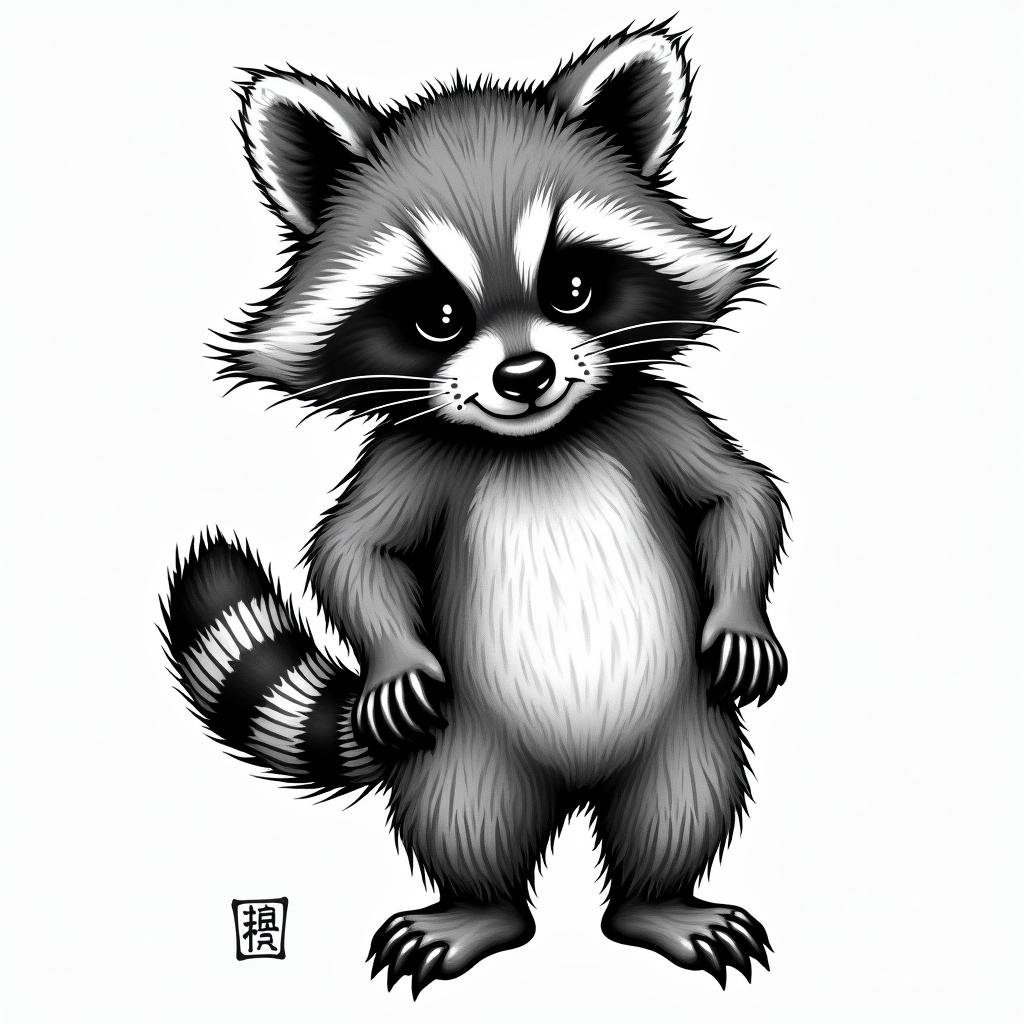 Kewpie dressed as a raccoonin authentic tattoo style, incorporating traditional modifications, bold black outlines, solid color fills, featuring classic authentic elements - Variation 3