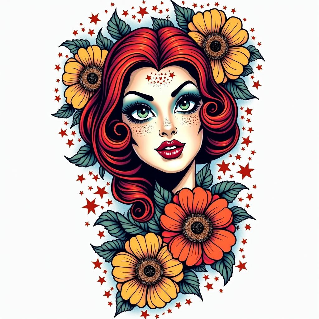 Zayne, Virgo, Birminghamin pop art style tattoo, featuring bold and vibrant colors, exaggerated outlines, iconic imagery, inspired by comic books and speech bubbles, comic book characters, retro pop culture - Variation 2