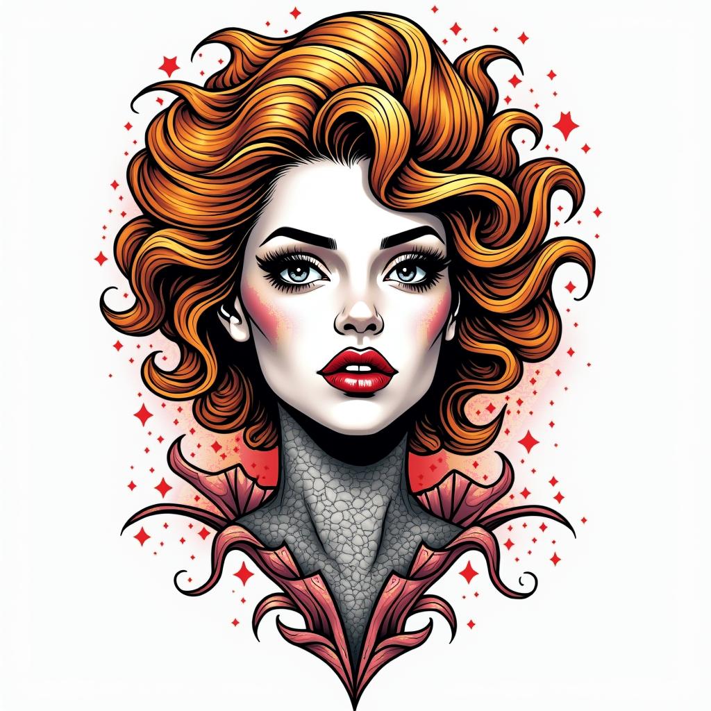 Zayne, Virgo, Birminghamin pop art style tattoo, featuring bold and vibrant colors, exaggerated outlines, iconic imagery, inspired by comic books and speech bubbles, comic book characters, retro pop culture - Variation 3