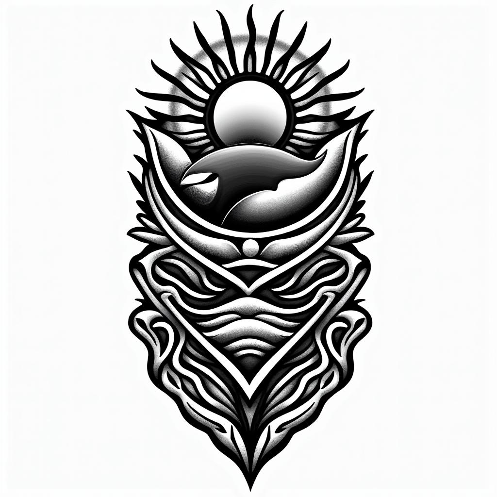 PNW, waterfall, sun, orca,in tribal tattoo style, featuring bold and black geometric shapes, curved lines, intertwine and flow seamlessly, creating a powerful and symbolic design, polynesian and maori styles - Variation 7