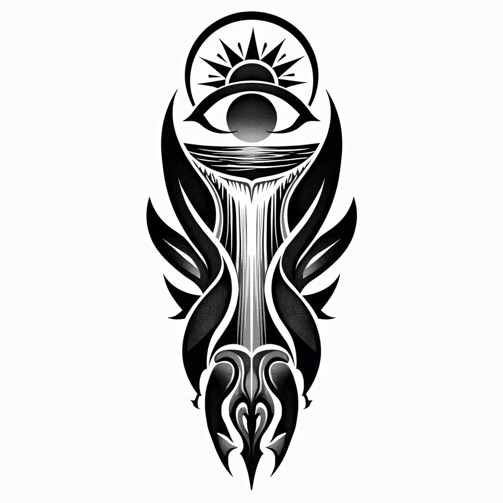 PNW, waterfall, sun, orca,in tribal tattoo style, featuring bold and black geometric shapes, curved lines, intertwine and flow seamlessly, creating a powerful and symbolic design, polynesian and maori styles - Variation 5