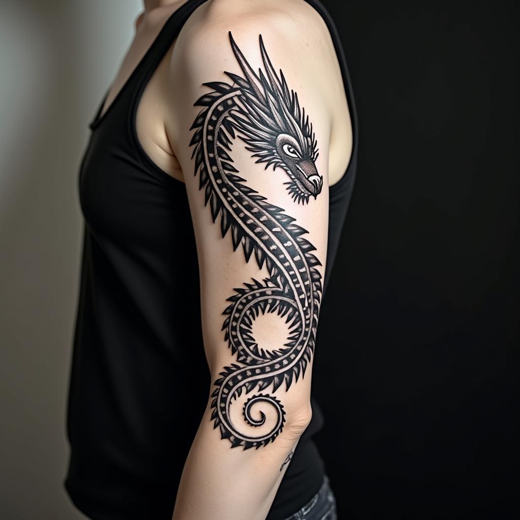 Dragonin tribal tattoo style, featuring bold and black geometric shapes, curved lines, intertwine and flow seamlessly, creating a powerful and symbolic design, polynesian and maori styles