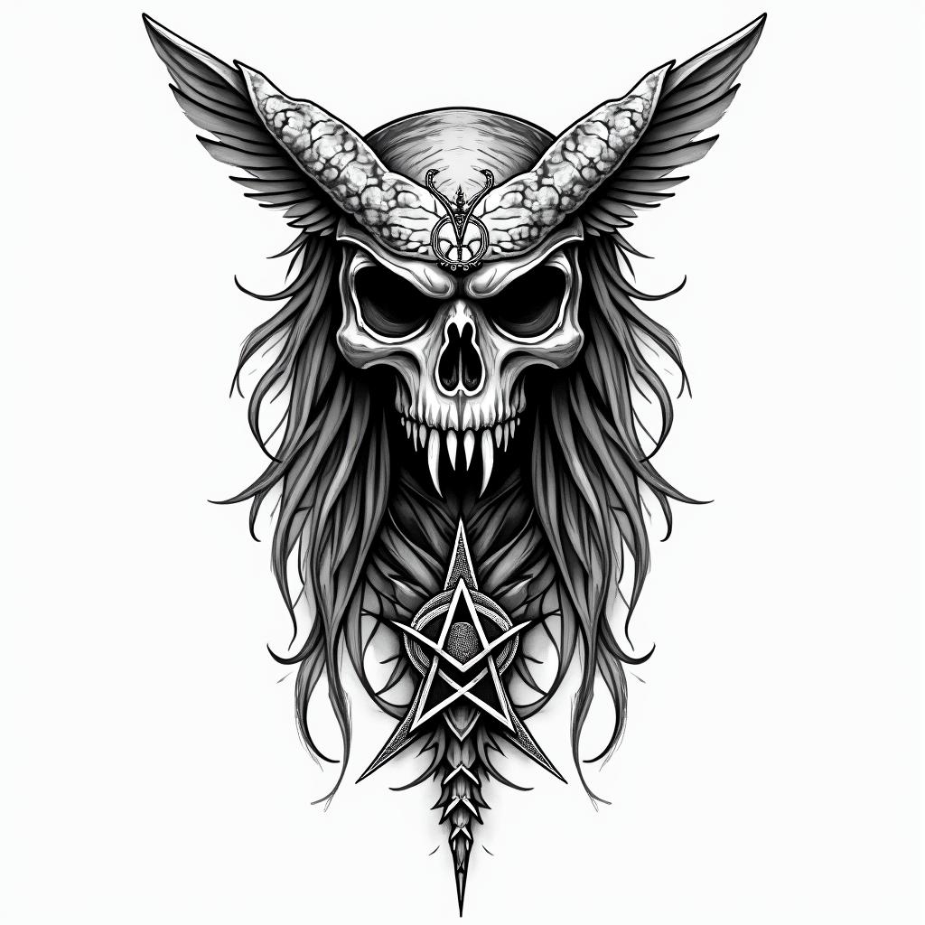 Princess with owl headdresscreepy horror tattoo style, featuring an eerie and unsettling skull of a demonic creature, distorted face with sharp fangs, add pentagram symbol - Variation 3