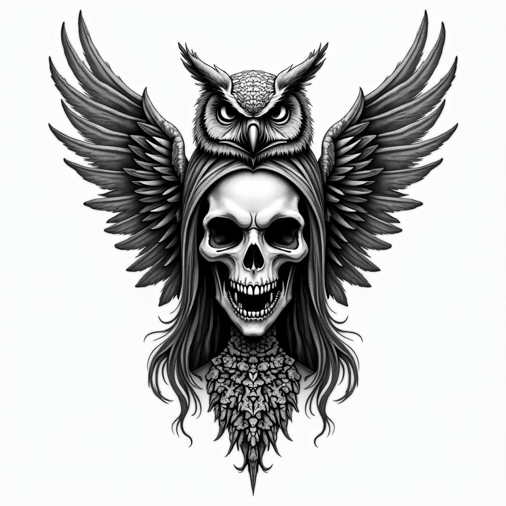 Princess with owl headdresscreepy horror tattoo style, featuring an eerie and unsettling skull of a demonic creature, distorted face with sharp fangs, add pentagram symbol - Variation 4
