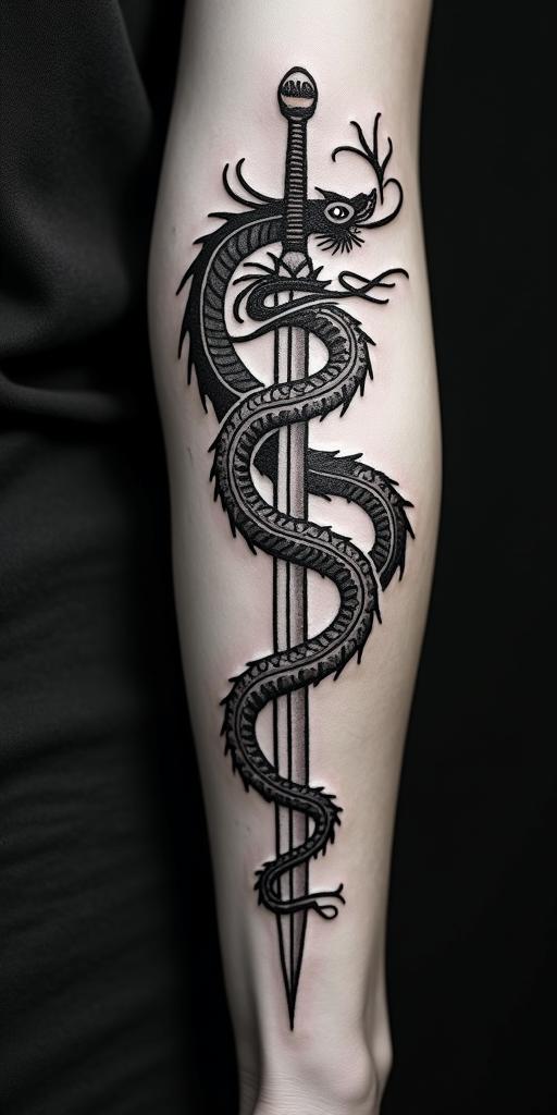 Majestic dragon coiled around a swordin tribal tattoo style, featuring bold and black geometric shapes, curved lines, intertwine and flow seamlessly, creating a powerful and symbolic design, polynesian and maori styles - Variation 4