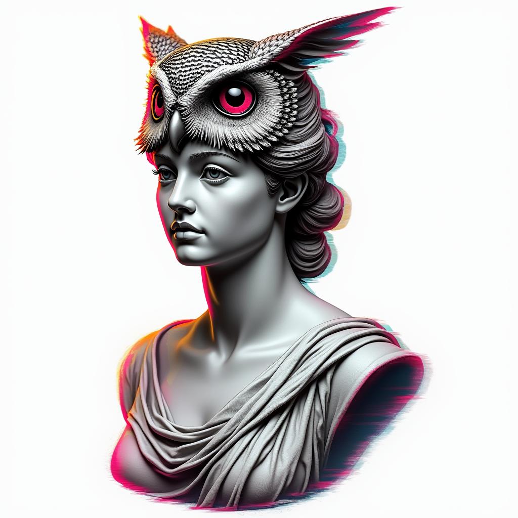 Princess with owl headdressin distorted and fragmented tattoo design, featuring a classical statue bust, in a glitch art style with vibrant, overlapping colors of cyan, magenta, and yellow, creating a digital distortion effect - Variation 2