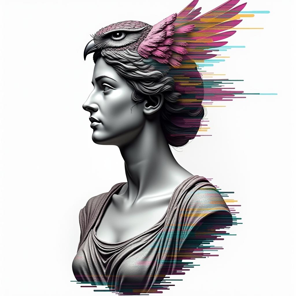 Princess with owl headdressin distorted and fragmented tattoo design, featuring a classical statue bust, in a glitch art style with vibrant, overlapping colors of cyan, magenta, and yellow, creating a digital distortion effect - Variation 3