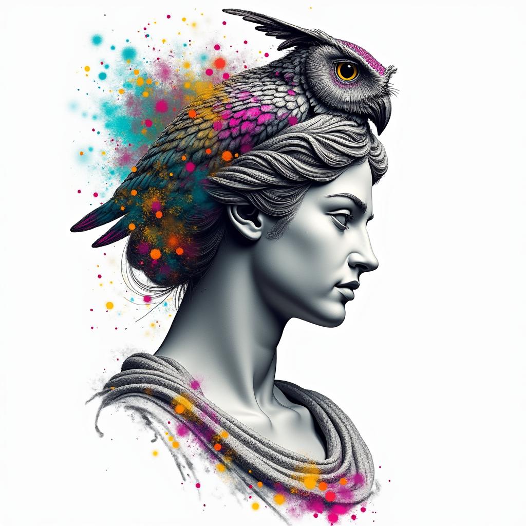 Princess with owl headdressin distorted and fragmented tattoo design, featuring a classical statue bust, in a glitch art style with vibrant, overlapping colors of cyan, magenta, and yellow, creating a digital distortion effect - Variation 4