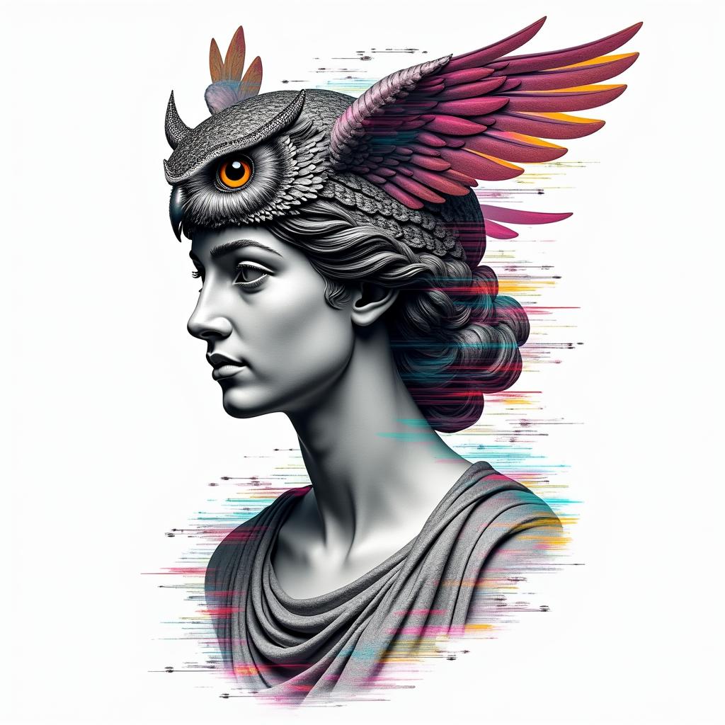 Princess with owl headdressin distorted and fragmented tattoo design, featuring a classical statue bust, in a glitch art style with vibrant, overlapping colors of cyan, magenta, and yellow, creating a digital distortion effect