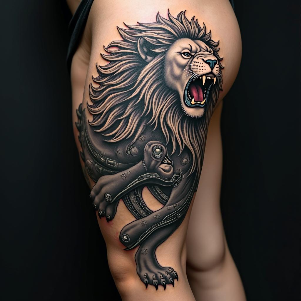 Roaring lion with a flowing manetattoo in biomechanic style, the tattoo covered by robotic elements of futuristic cyberpunk design, robotic features detail, showcasing intricate mechanical components - Variation 6
