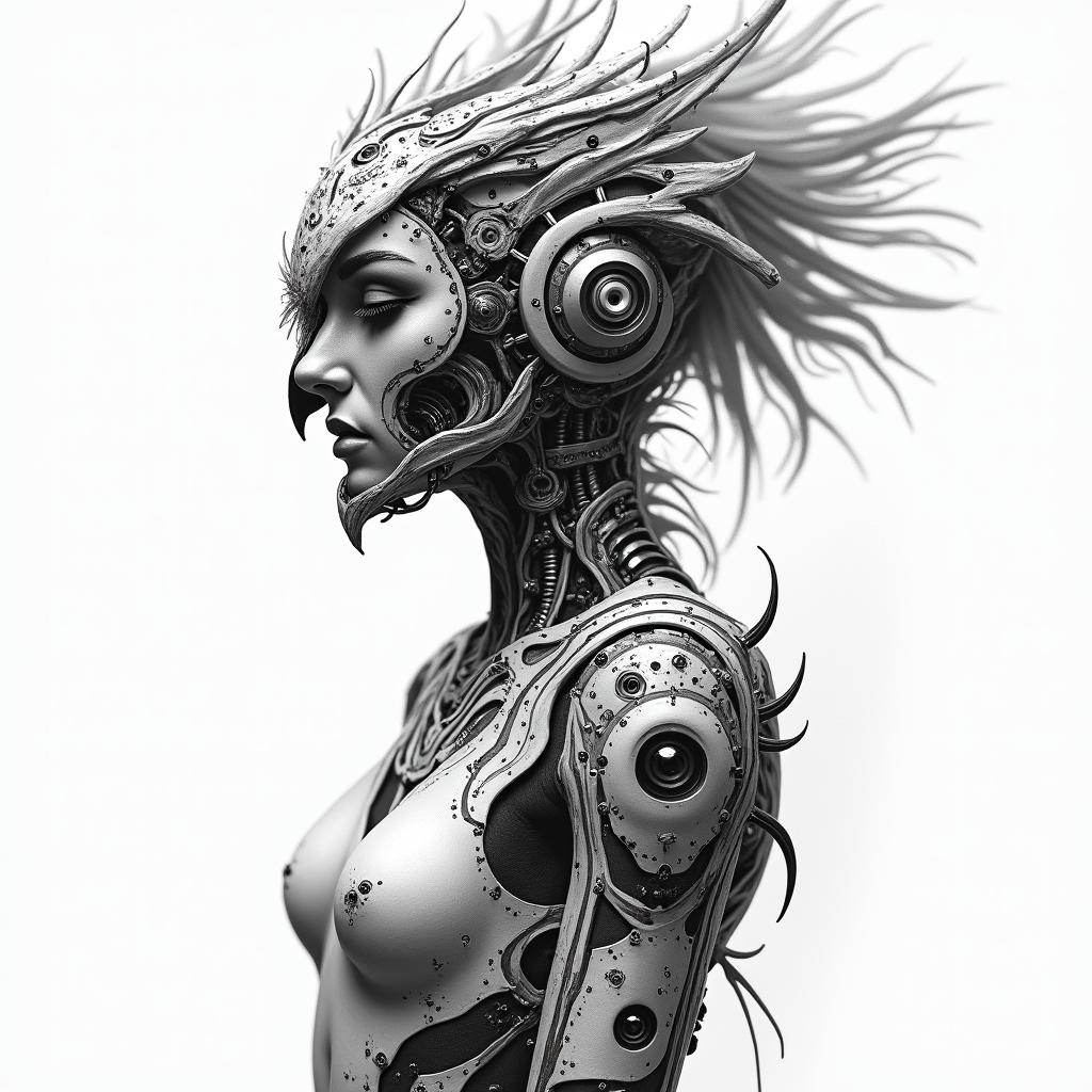 Princess with owl headdresstattoo in biomechanic style, the tattoo covered by robotic elements of futuristic cyberpunk design, robotic features detail, showcasing intricate mechanical components - Variation 3