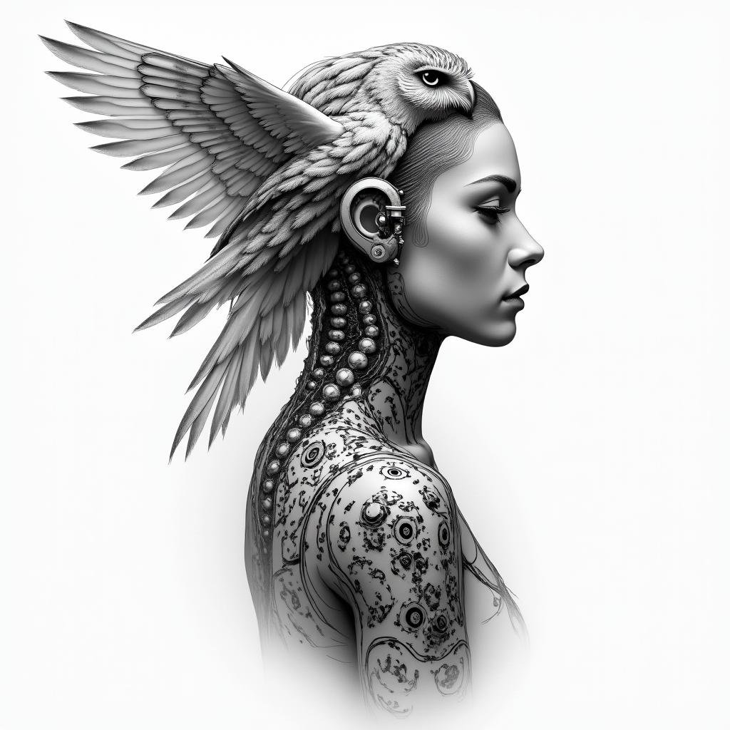 Princess with owl headdresstattoo in biomechanic style, the tattoo covered by robotic elements of futuristic cyberpunk design, robotic features detail, showcasing intricate mechanical components - Variation 2