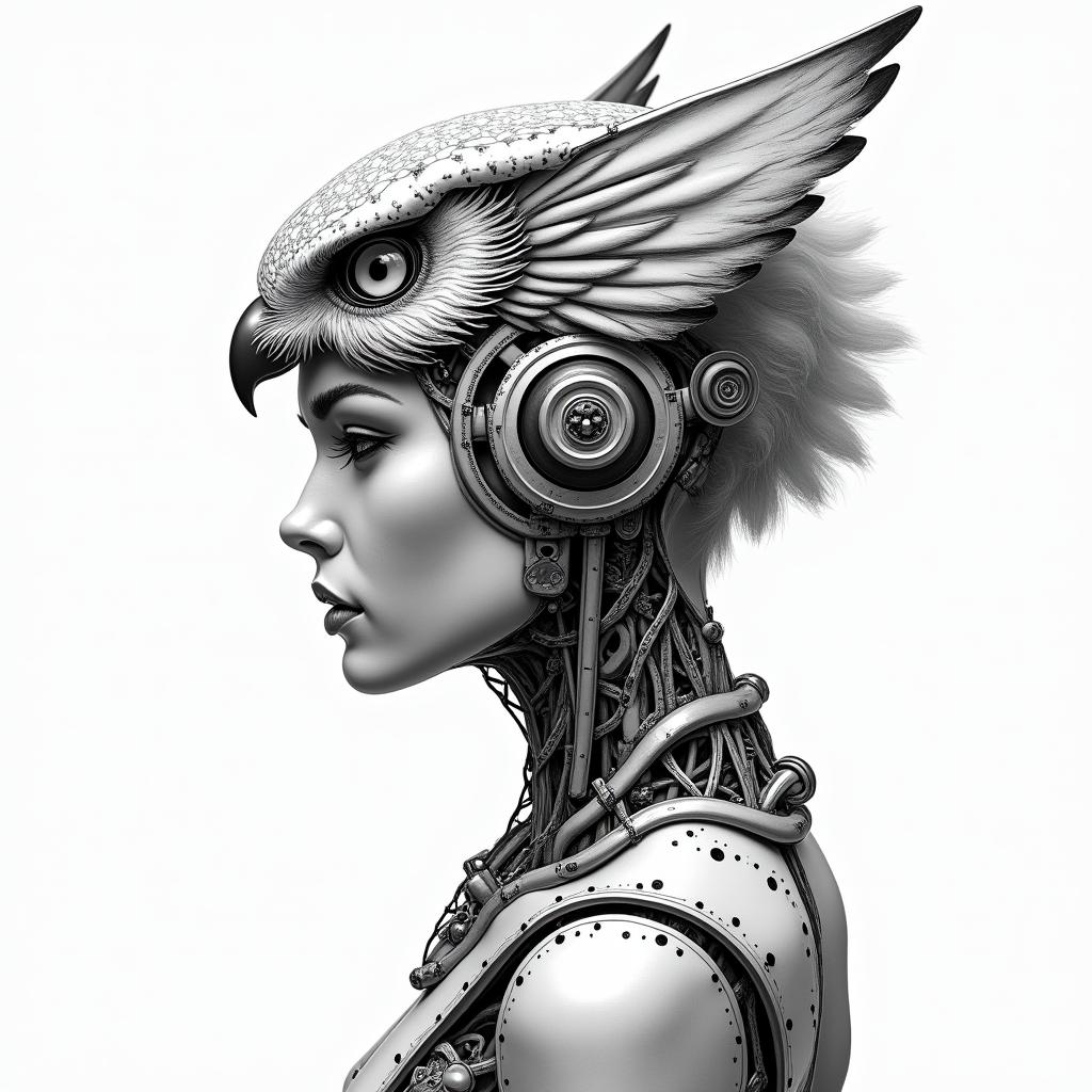 Princess with owl headdresstattoo in biomechanic style, the tattoo covered by robotic elements of futuristic cyberpunk design, robotic features detail, showcasing intricate mechanical components - Variation 4