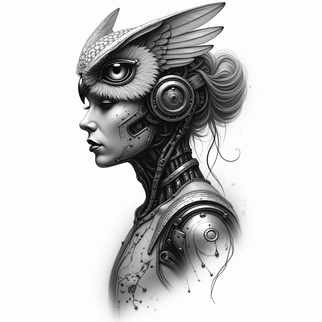 Princess with owl headdresstattoo in biomechanic style, the tattoo covered by robotic elements of futuristic cyberpunk design, robotic features detail, showcasing intricate mechanical components