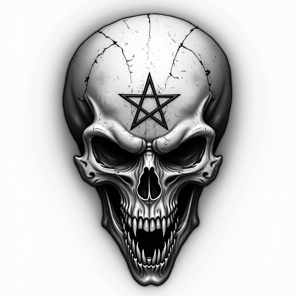 Pascal Stier Mannheimcreepy horror tattoo style, featuring an eerie and unsettling skull of a demonic creature, distorted face with sharp fangs, add pentagram symbol - Variation 3