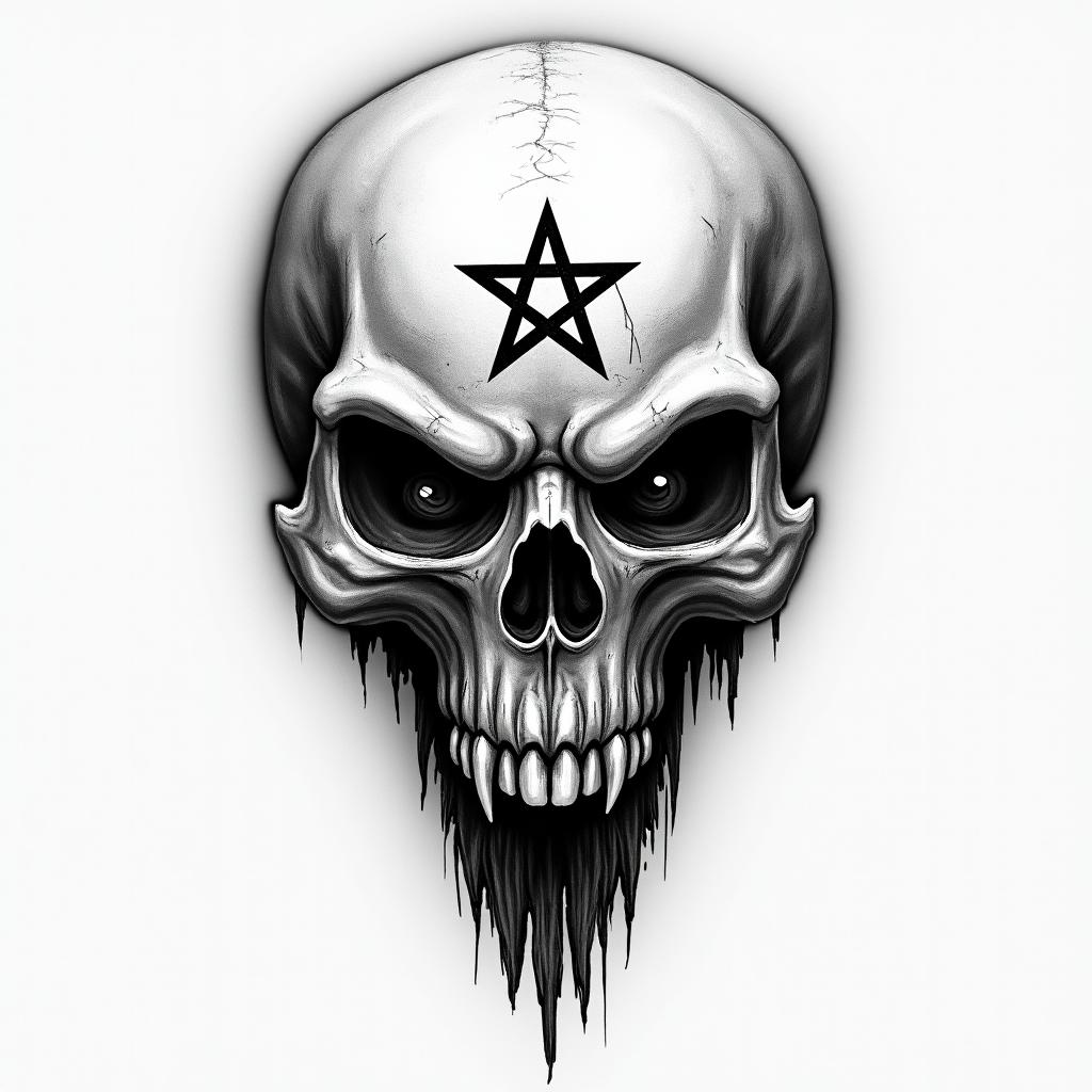 Pascal Stier Mannheimcreepy horror tattoo style, featuring an eerie and unsettling skull of a demonic creature, distorted face with sharp fangs, add pentagram symbol