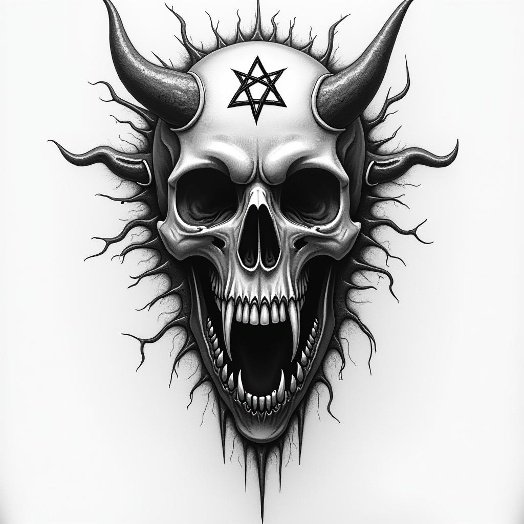 Pascal Stier Mannheimcreepy horror tattoo style, featuring an eerie and unsettling skull of a demonic creature, distorted face with sharp fangs, add pentagram symbol - Variation 4