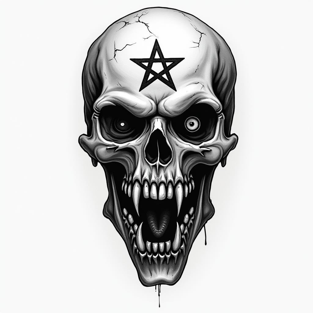 Pascal Stier Mannheimcreepy horror tattoo style, featuring an eerie and unsettling skull of a demonic creature, distorted face with sharp fangs, add pentagram symbol - Variation 2
