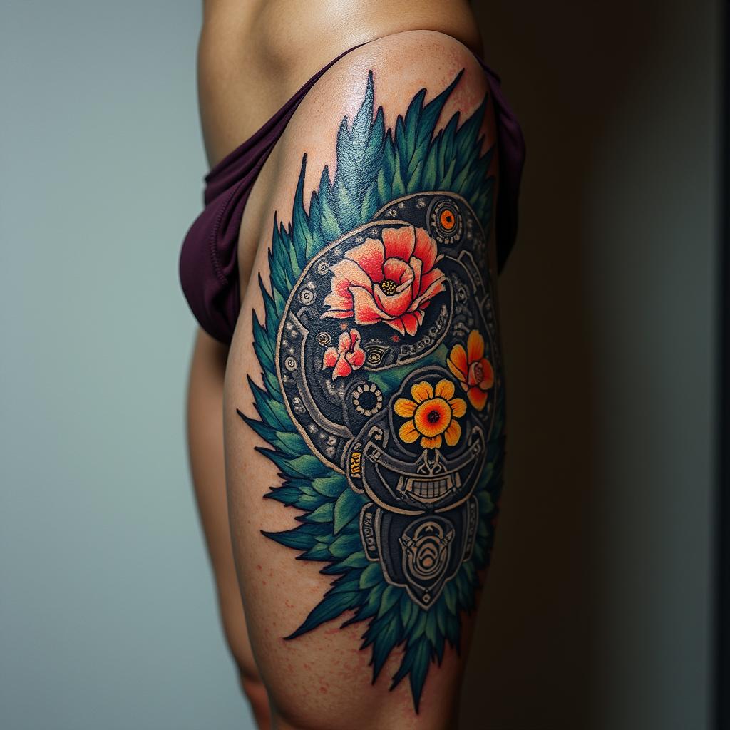 Cover uptattoo in biomechanic style, the tattoo covered by robotic elements of futuristic cyberpunk design, robotic features detail, showcasing intricate mechanical components - Variation 7