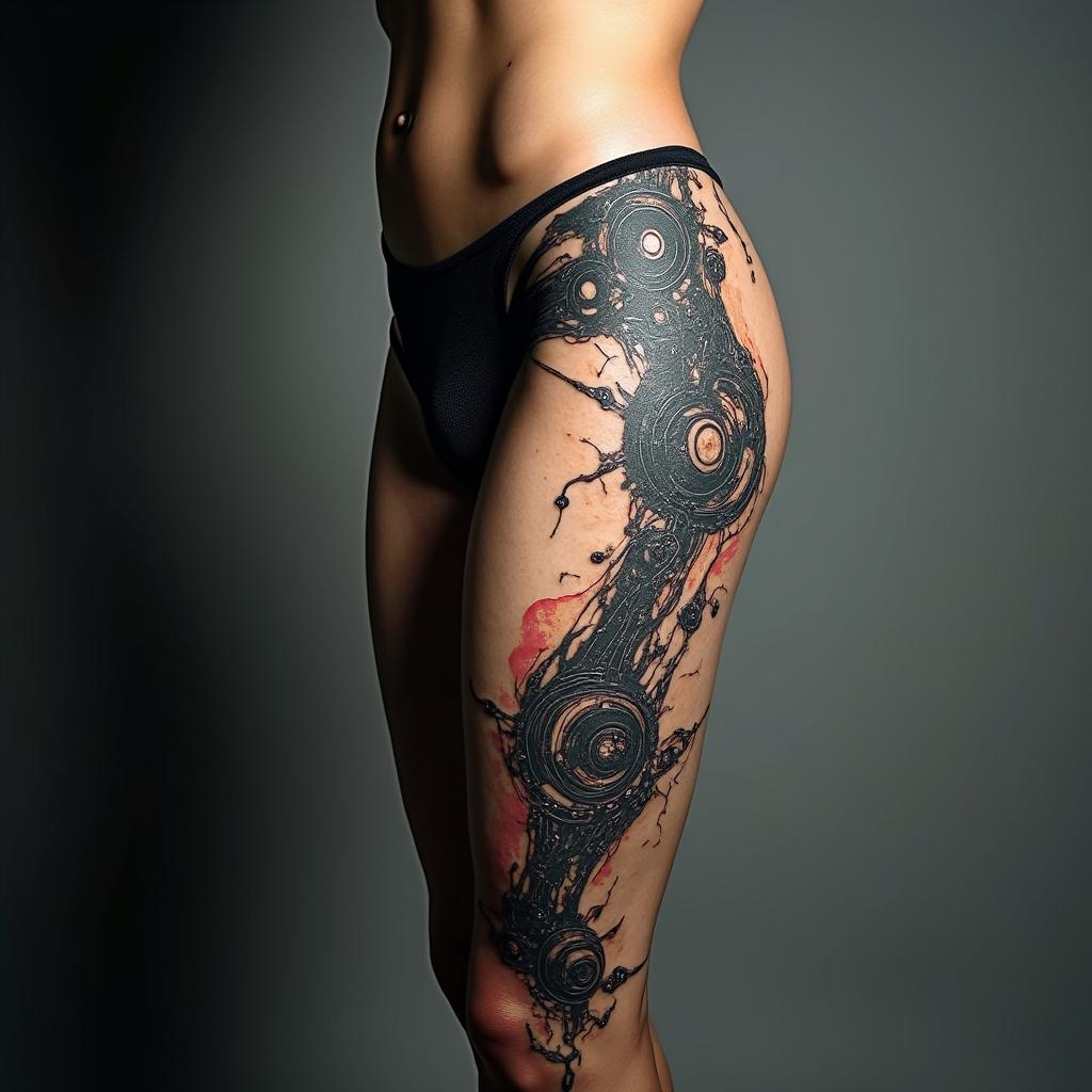 Cover uptattoo in biomechanic style, the tattoo covered by robotic elements of futuristic cyberpunk design, robotic features detail, showcasing intricate mechanical components - Variation 4