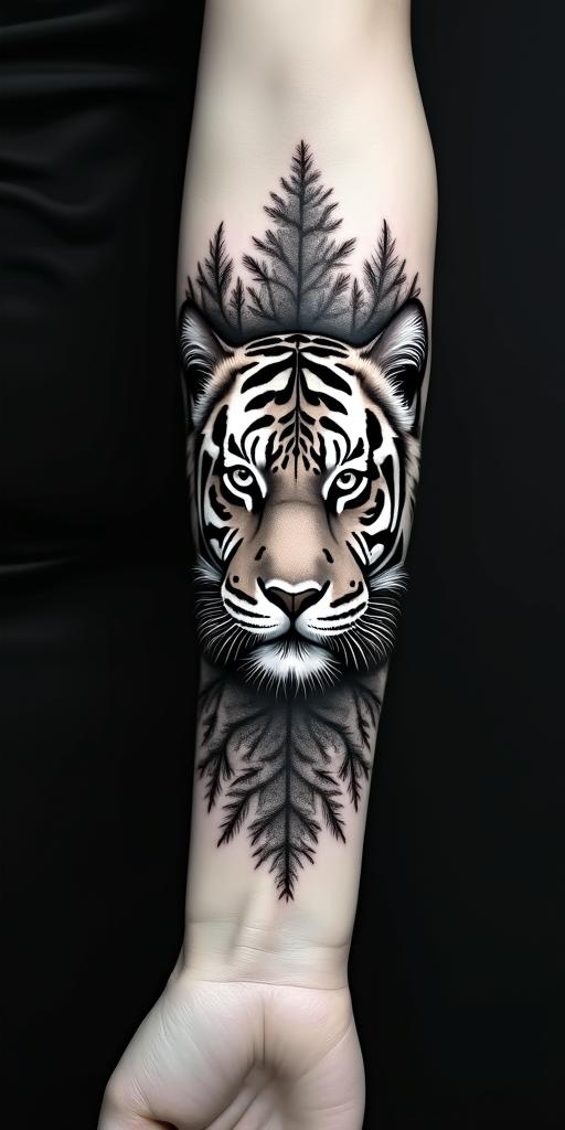 Tiger with intense eyes in a junglein minimalist style tattoo, featuring simple shapes and fine lines, with minimal shading and details, tiny triangles, creating a sense of balance and harmony