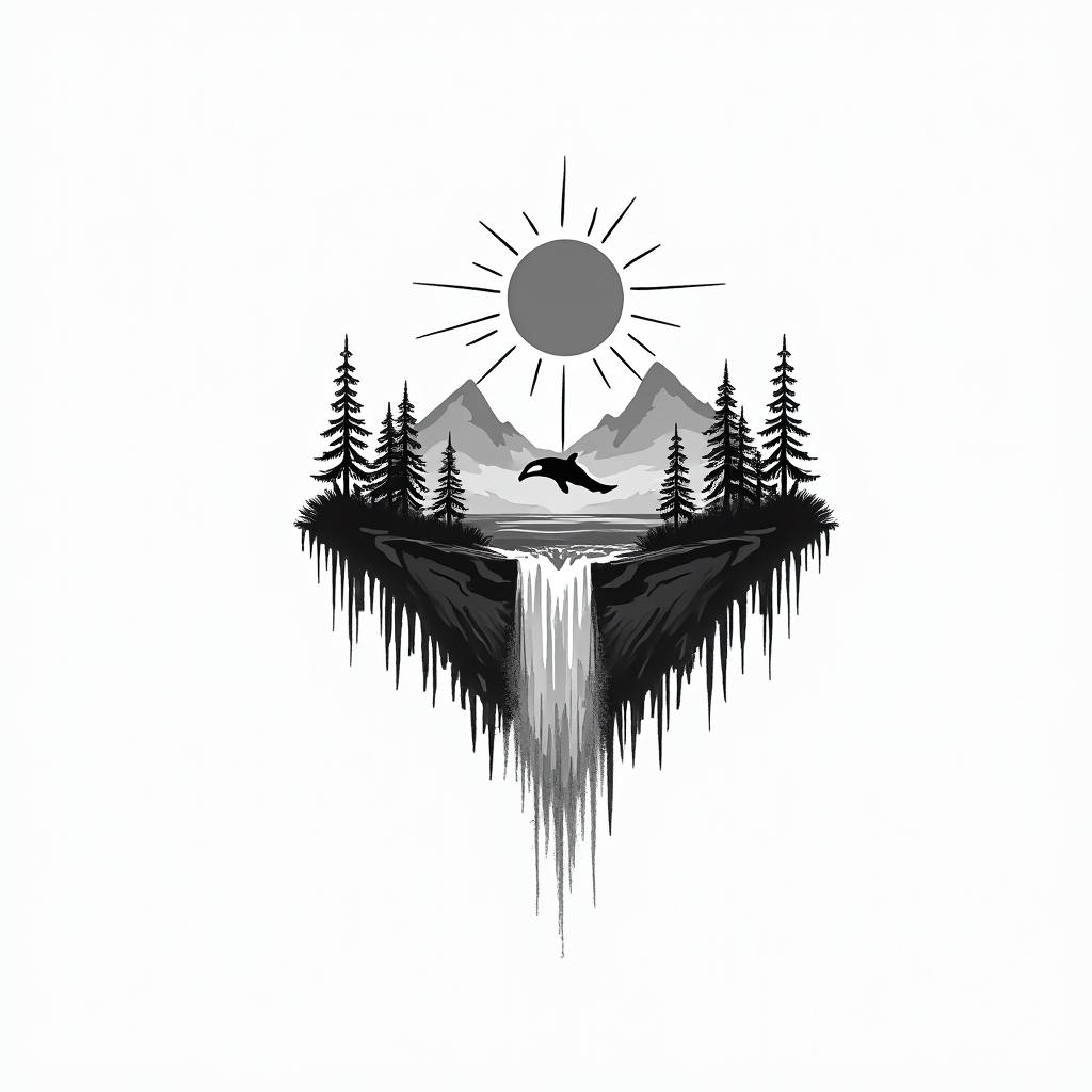 PNW, waterfall, sun, orca,in 8-bit tattoo style, minimalistic pixel style tattoo, pixel art with simplified shapes and retro gaming visuals, inspired by 8-bit pixel based detailing - Variation 3