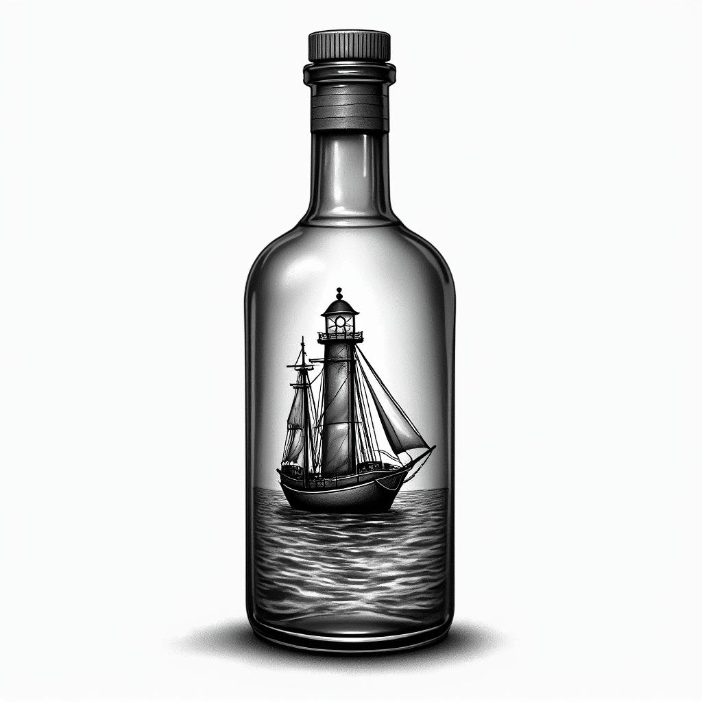 Bottle with light house and ship higly detailed tattoo - Variation 4