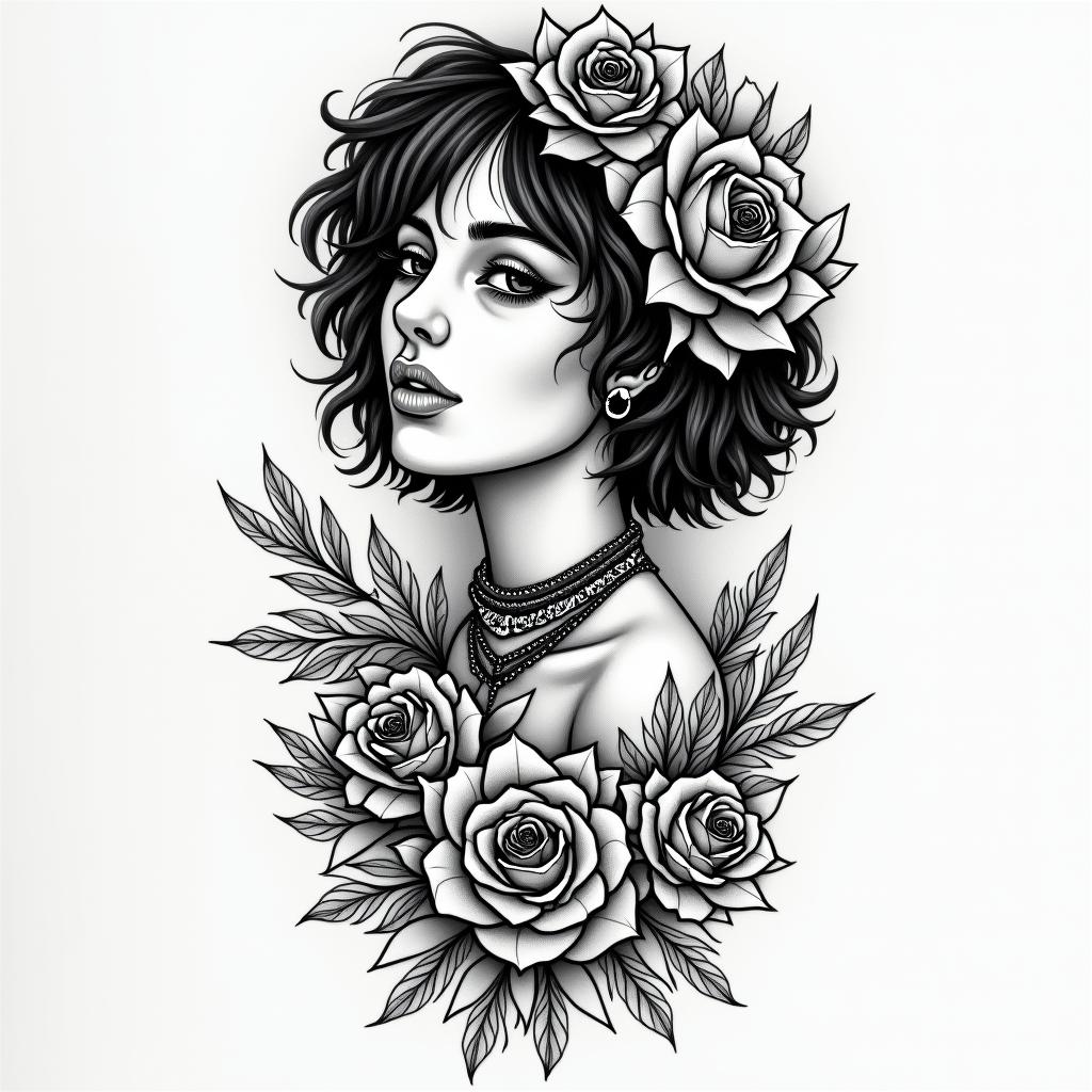 Michelle, Leo, Albuquerque New Mexicoin authentic tattoo style, incorporating traditional modifications, bold black outlines, solid color fills, featuring classic authentic elements