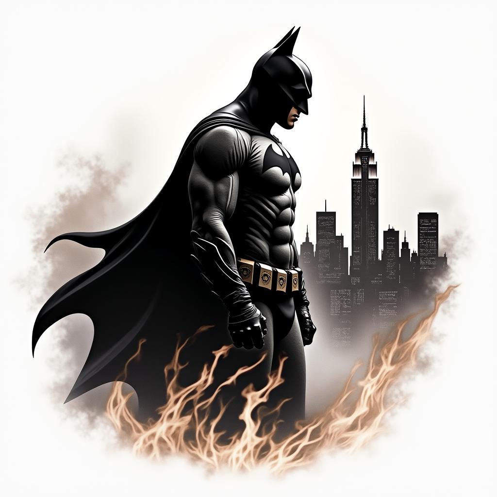 Silhouette of Batman against a Gotham skylinein flame tattoo style showcasing fiery elements with dynamic flame patterns, glowing effect of flames, natural colors