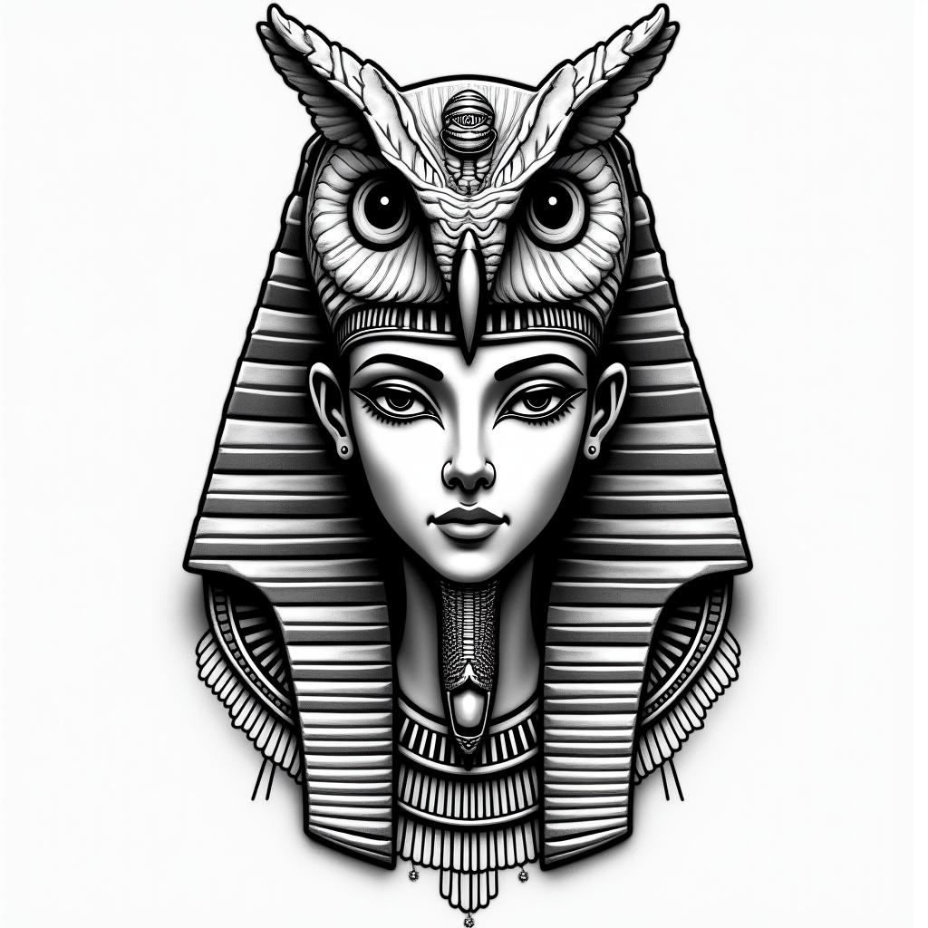 Princess with owl headdressin egyptian style tattoo, bold elements of ancient egyptian culture including a portrait of an Egyptian pharaoh with detailed facial features, in hieroglyphs and symbolic imagery, eye of horus, ankh symbol, scarab beetle - Variation 3