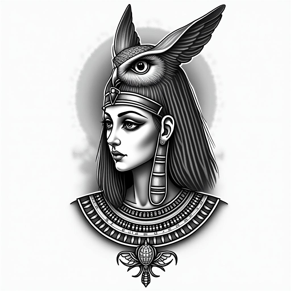 Princess with owl headdressin egyptian style tattoo, bold elements of ancient egyptian culture including a portrait of an Egyptian pharaoh with detailed facial features, in hieroglyphs and symbolic imagery, eye of horus, ankh symbol, scarab beetle - Variation 2