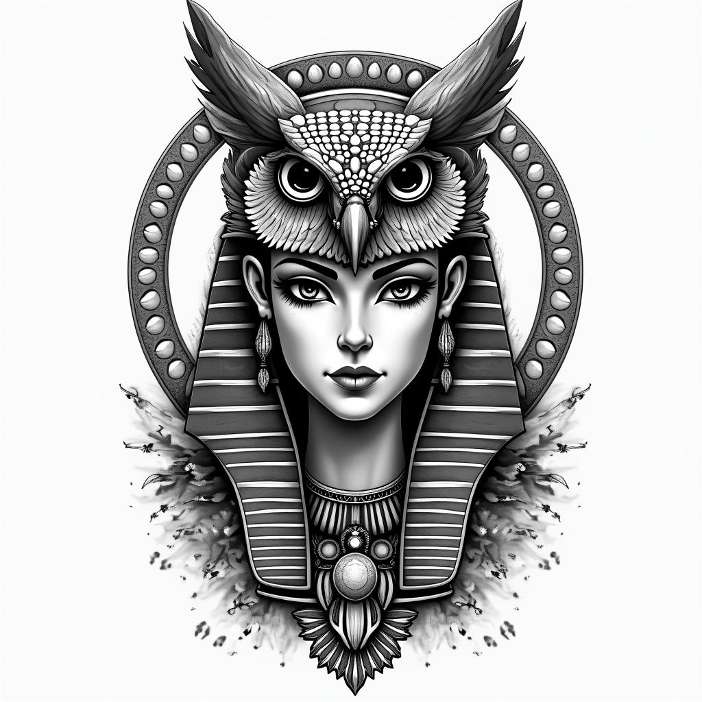 Princess with owl headdressin egyptian style tattoo, bold elements of ancient egyptian culture including a portrait of an Egyptian pharaoh with detailed facial features, in hieroglyphs and symbolic imagery, eye of horus, ankh symbol, scarab beetle - Variation 4