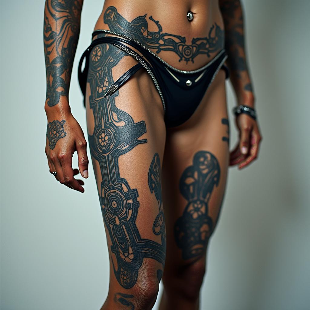 Cover uptattoo in biomechanic style, the tattoo covered by robotic elements of futuristic cyberpunk design, robotic features detail, showcasing intricate mechanical components - Variation 3