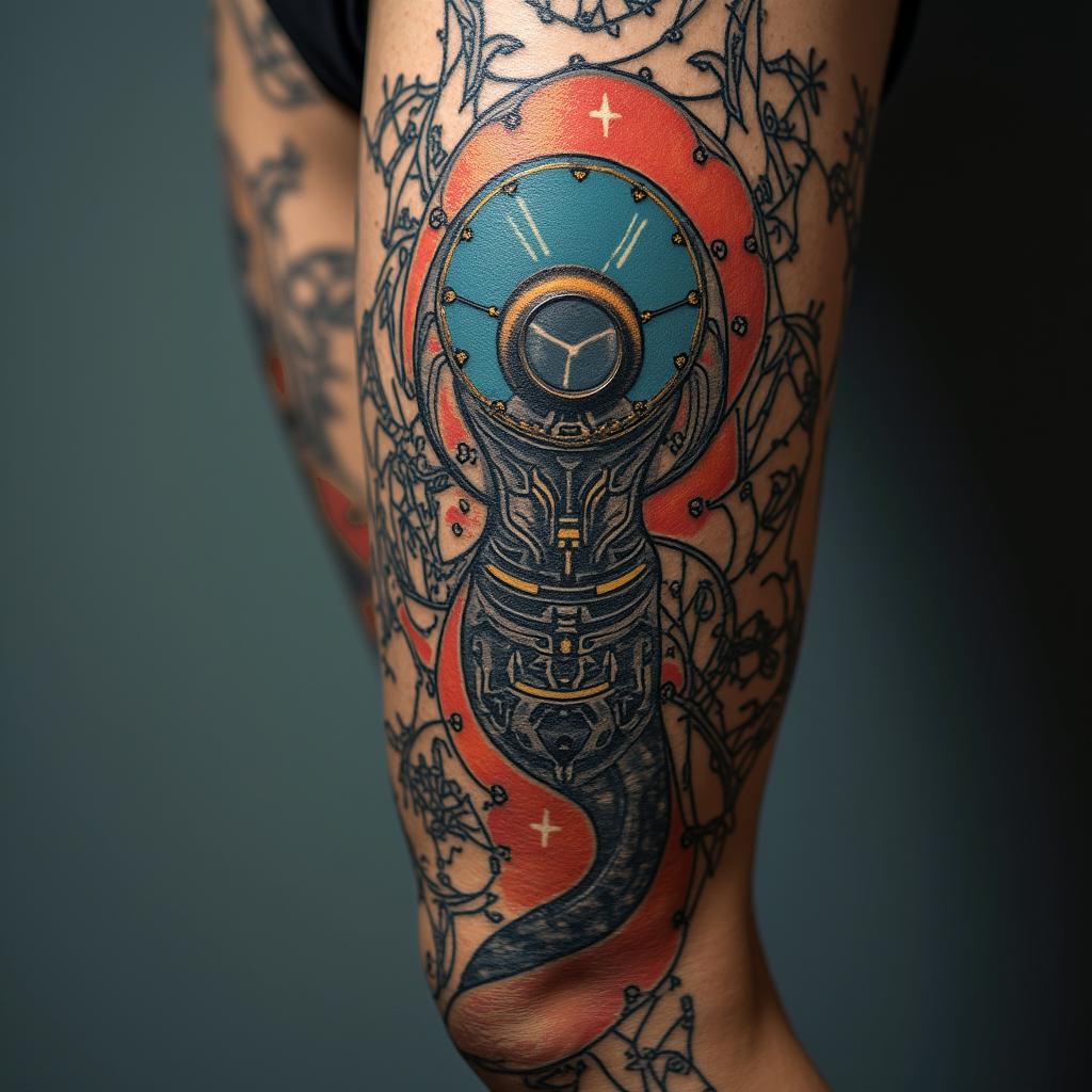 Cover uptattoo in biomechanic style, the tattoo covered by robotic elements of futuristic cyberpunk design, robotic features detail, showcasing intricate mechanical components