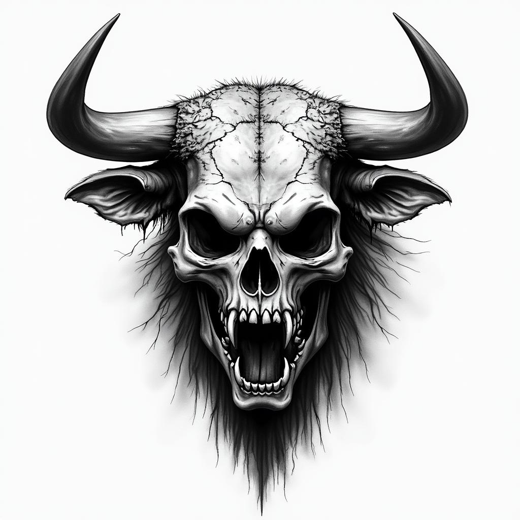 Bull in horror tattoo style, showcasing haunting and unsettling, dark and gritty textures with skulls, eerie faces, jgged designs, bold and intense shading - Variation 3