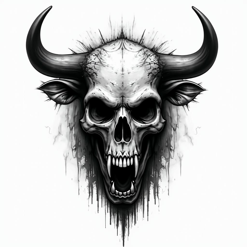 Bull in horror tattoo style, showcasing haunting and unsettling, dark and gritty textures with skulls, eerie faces, jgged designs, bold and intense shading - Variation 2