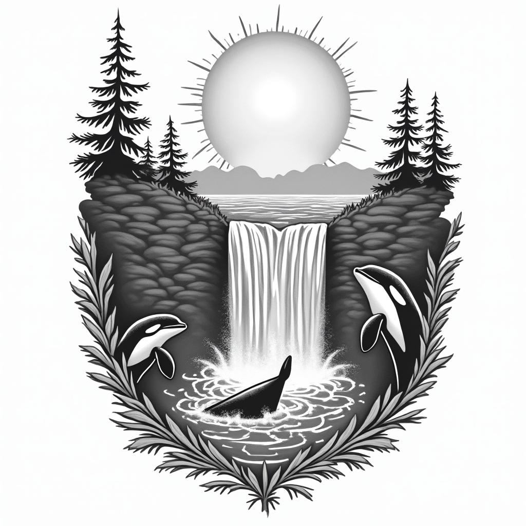 PNW, waterfall, sun, orca,in new school tattoo, pop culture, modern, detailed tattoo, illustrative - Variation 2