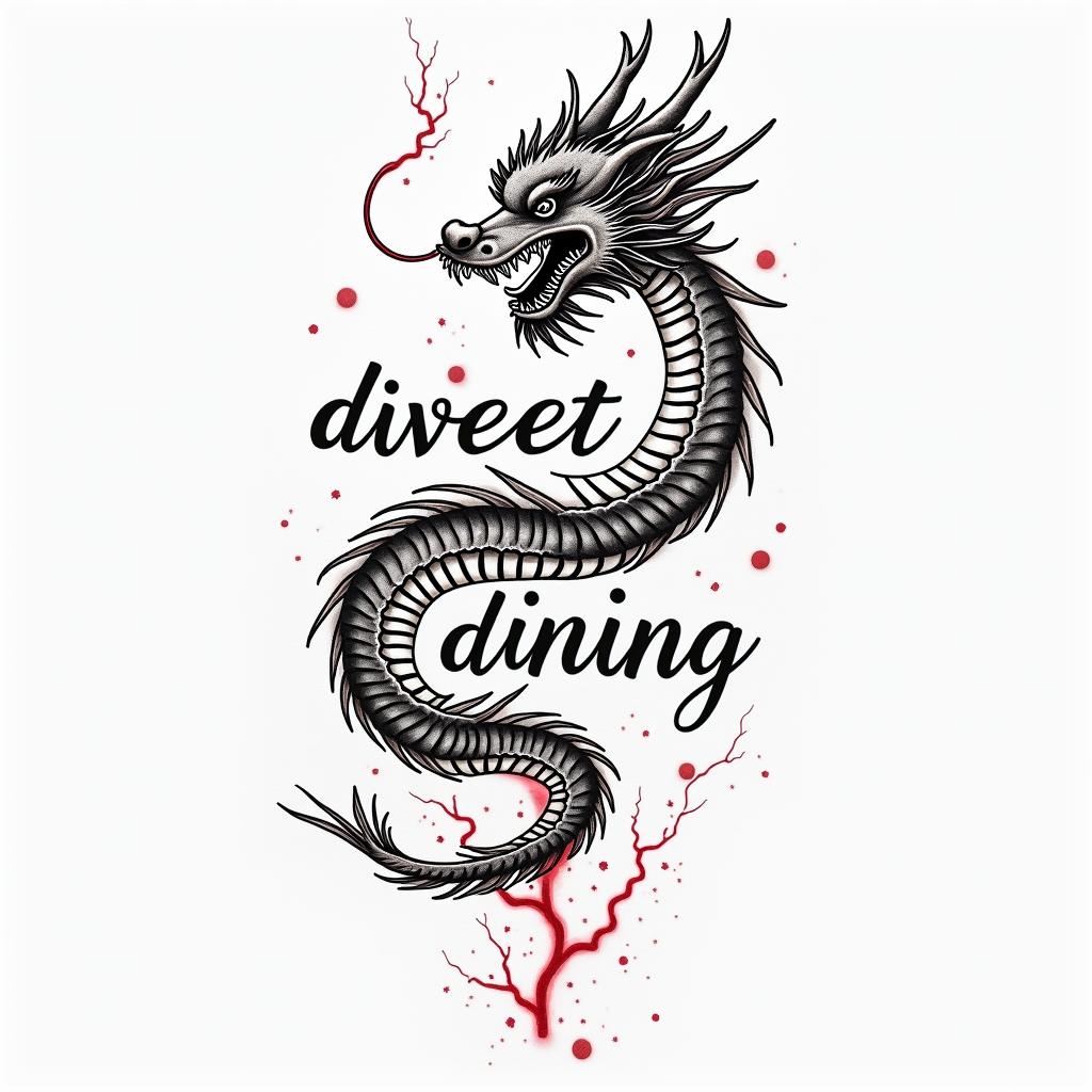 A micro realistic fineline tattoo featuring the cursive phrase there is no such thing as a difficulty only challenge the text is elegantly intertwined with a Japanese dragon that has a clear lines and shading for depth, wrapped around a string red lightning bold, the dragon embodies strength and resilience, adding three overall meaning of the tattohigly detailed tattoo - Variation 4