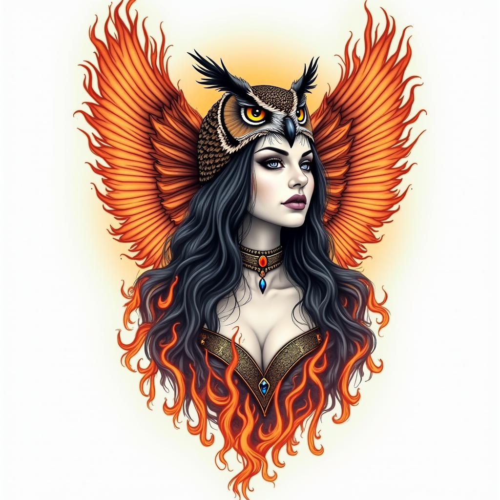 Princess with owl headdressin flame tattoo style showcasing fiery elements with dynamic flame patterns, glowing effect of flames, natural colors