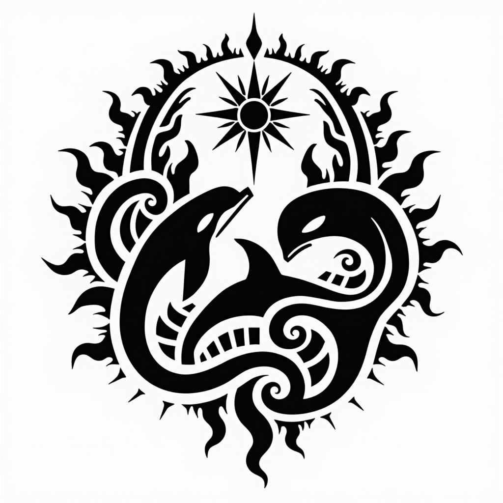 PNW, waterfall, sun, orca,in tribal tattoo style, featuring bold and black geometric shapes, curved lines, intertwine and flow seamlessly, creating a powerful and symbolic design, polynesian and maori styles - Variation 4