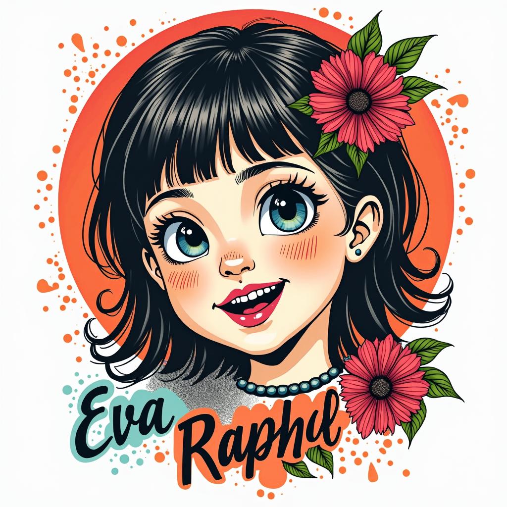 Refine children's names Eva Raphaël Elysa value transmissionin pop art style tattoo, featuring bold and vibrant colors, exaggerated outlines, iconic imagery, inspired by comic books and speech bubbles, comic book characters, retro pop culture