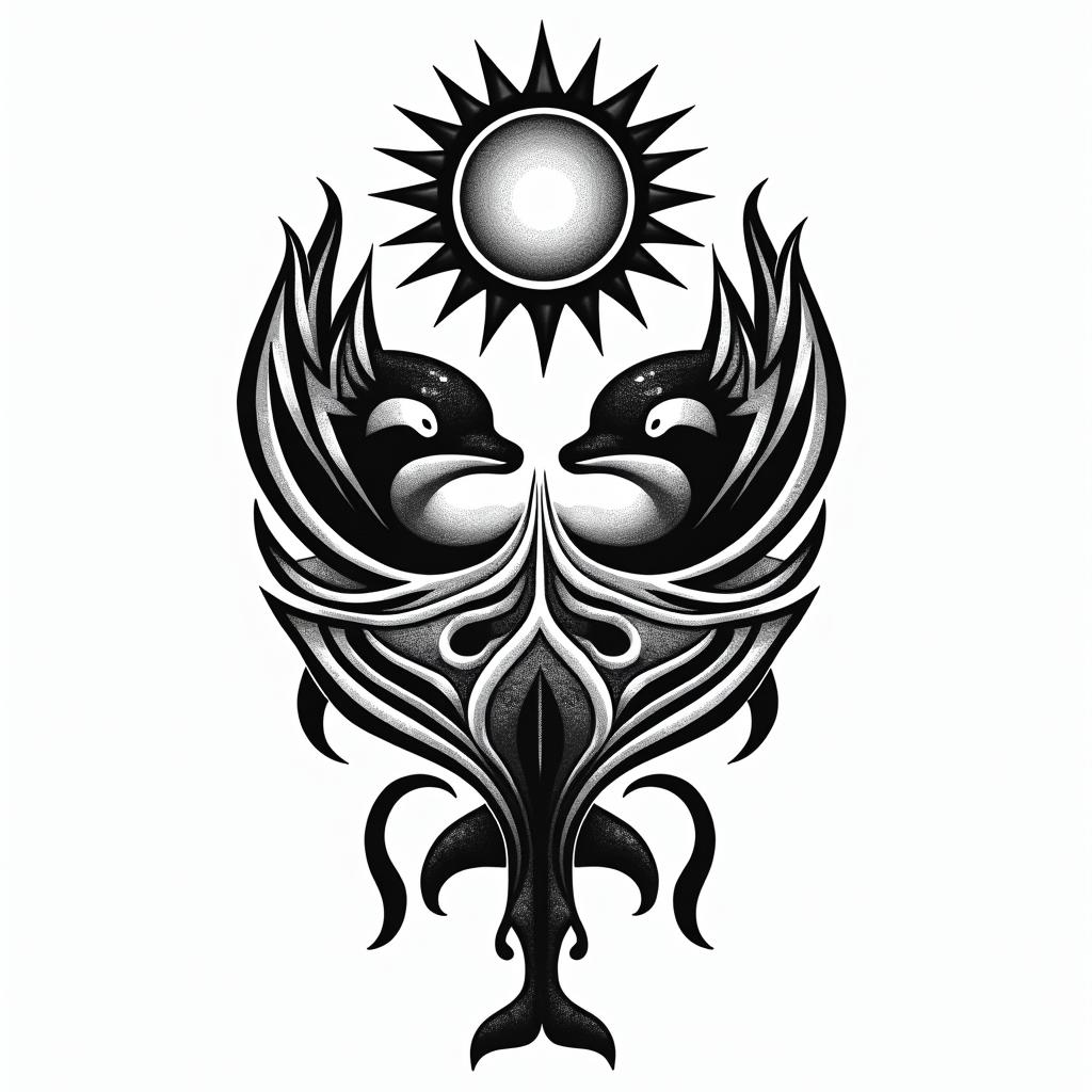 PNW, waterfall, sun, orca,in tribal tattoo style, featuring bold and black geometric shapes, curved lines, intertwine and flow seamlessly, creating a powerful and symbolic design, polynesian and maori styles - Variation 3