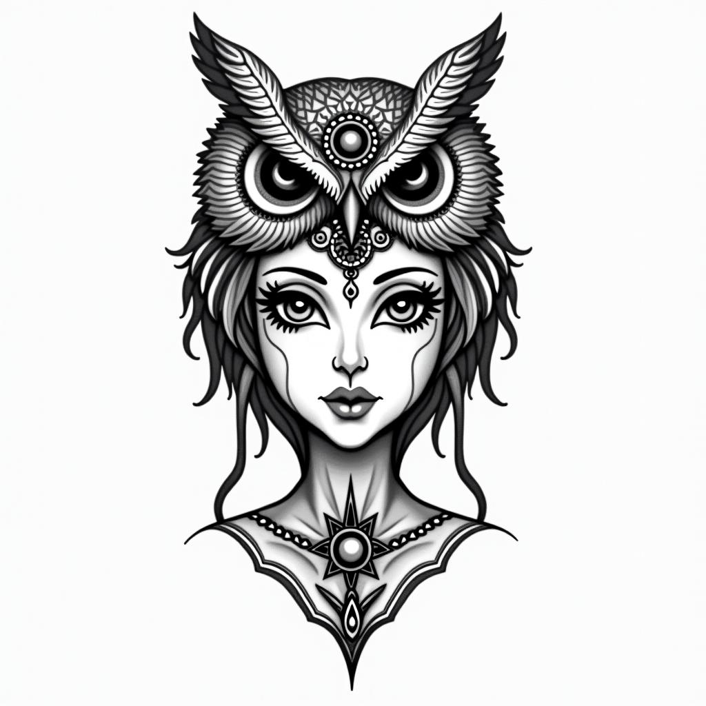 Princess with owl headdressin spiritual symbols tattoo style, featuring an intricate design incorporating elements, Hamsa hand, third eye, minimalist composition