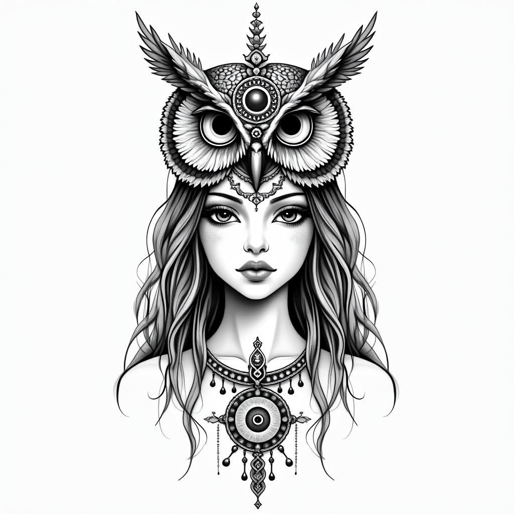 Princess with owl headdressin spiritual symbols tattoo style, featuring an intricate design incorporating elements, Hamsa hand, third eye, minimalist composition - Variation 3