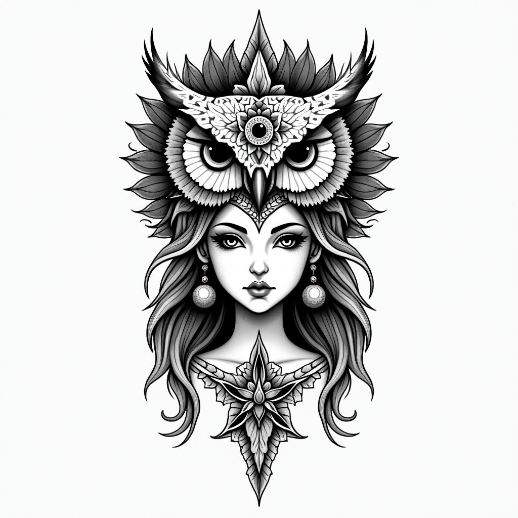 Princess with owl headdressin spiritual symbols tattoo style, featuring an intricate design incorporating elements, Hamsa hand, third eye, minimalist composition - Variation 4