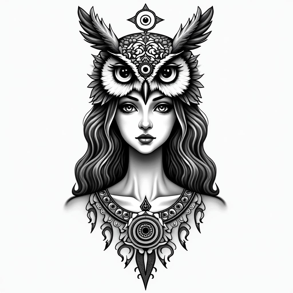 Princess with owl headdressin spiritual symbols tattoo style, featuring an intricate design incorporating elements, Hamsa hand, third eye, minimalist composition - Variation 2