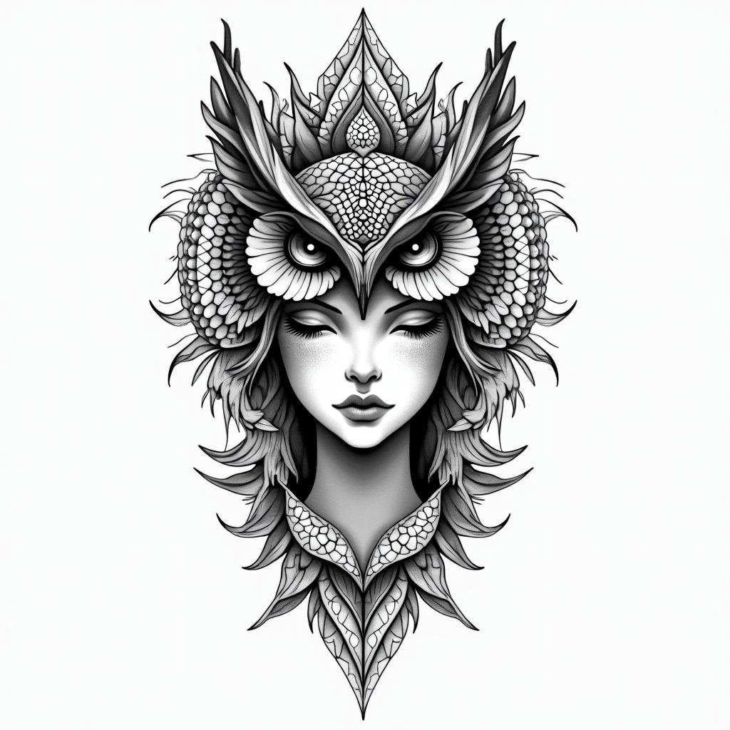 Princess with owl headdress in geometric style tattoo, blending hexagons, mandala-inspired patterns, symmetrical and fractal design, clean lines, sharp angles - Variation 2