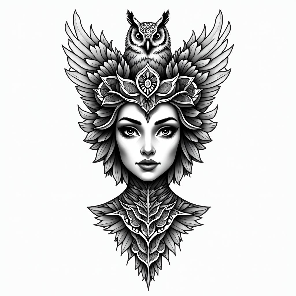 Princess with owl headdress in geometric style tattoo, blending hexagons, mandala-inspired patterns, symmetrical and fractal design, clean lines, sharp angles