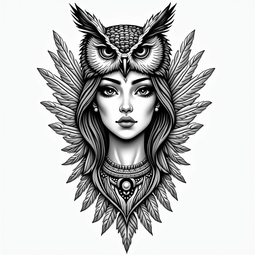 Princess with owl headdressin authentic tattoo style, incorporating traditional modifications, bold black outlines, solid color fills, featuring classic authentic elements - Variation 4